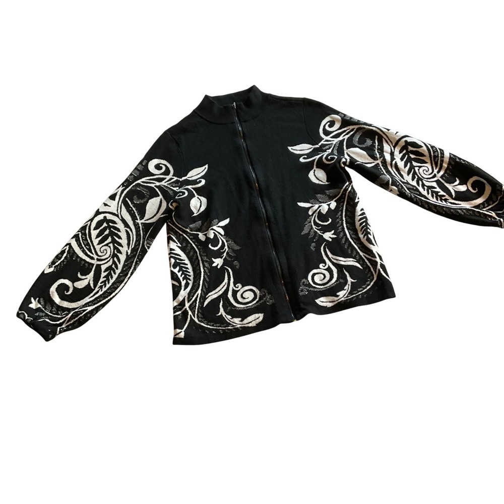 Chico's Full Zip Knit Cardigan Women 1 M Black White Scroll Floral Mock Neck